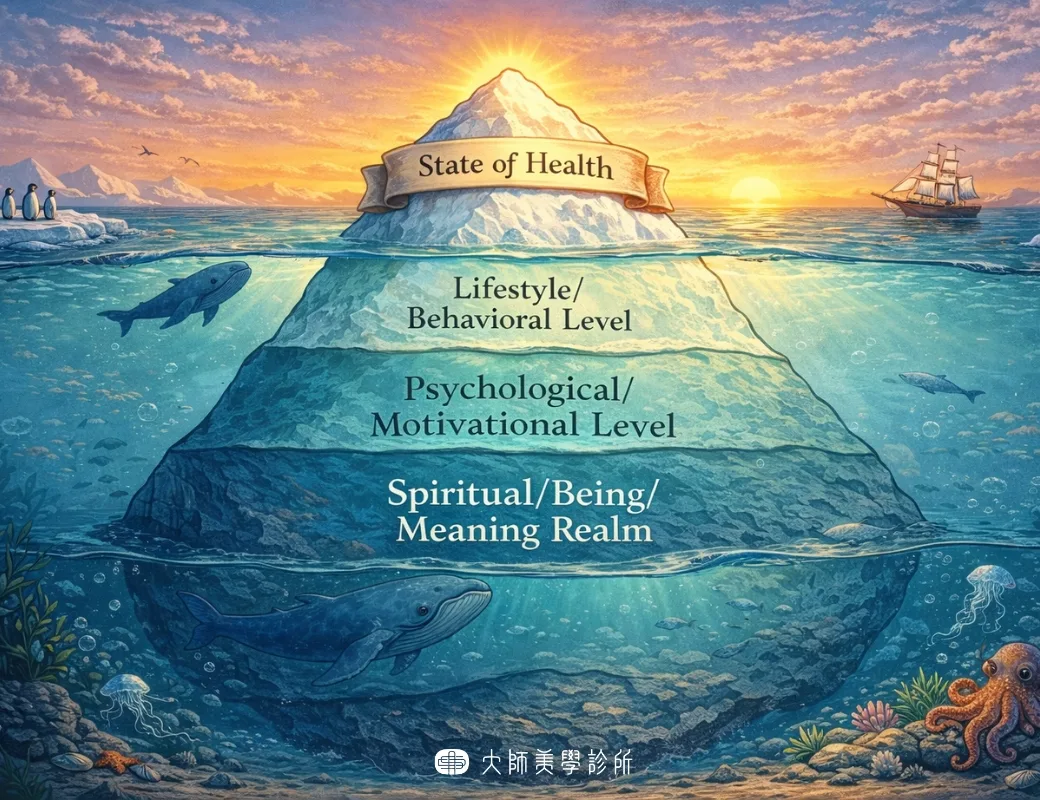 以冰山比喻打鼾問題的示意圖，水面上方為可見的打鼾與疲倦症狀，水面下方為較不易察覺的生活型態、姿勢與自律神經等因素