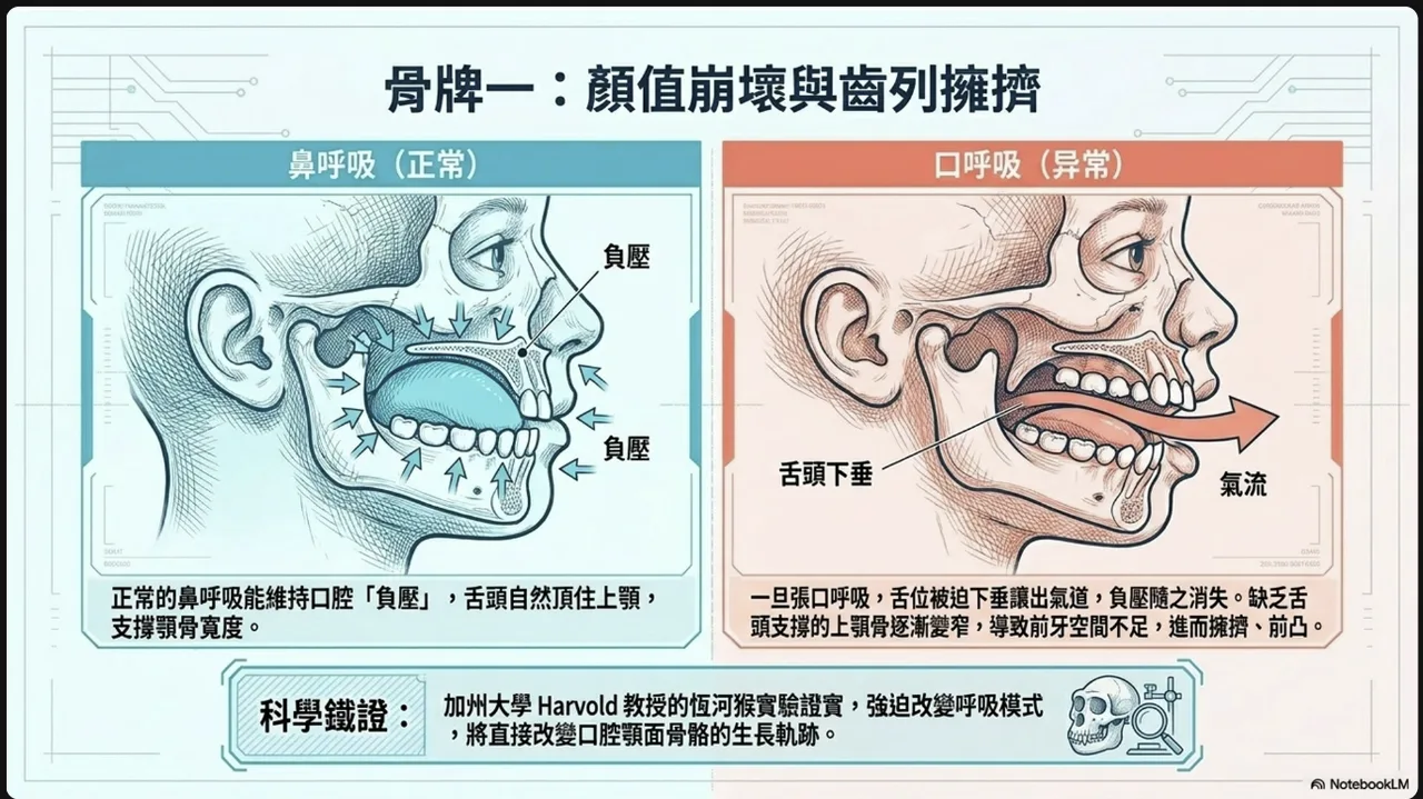 左右對比插圖，主題為長期口呼吸對顎面與齒列發育的影響。左側「鼻呼吸（正常）」為側面顱顏解剖示意，多個箭頭指向口腔內壁代表口腔負壓、舌頭自然頂住上顎，說明正常鼻呼吸能維持口腔負壓、舌頭頂住上顎、支撐顎骨寬度；右側「口呼吸（異常）」為張口側面示意，舌頭下垂、一道氣流箭頭由口腔向外，說明張口呼吸時舌位被迫下垂讓出氣道、負壓消失，缺乏舌頭支撐使上顎骨逐漸變窄，導致前牙空間不足而擁擠、前凸。圖下註記加州大學 Harvold 教授的恆河猴實驗，指出強迫改變呼吸模式會改變口腔顎面骨骼的生長軌跡