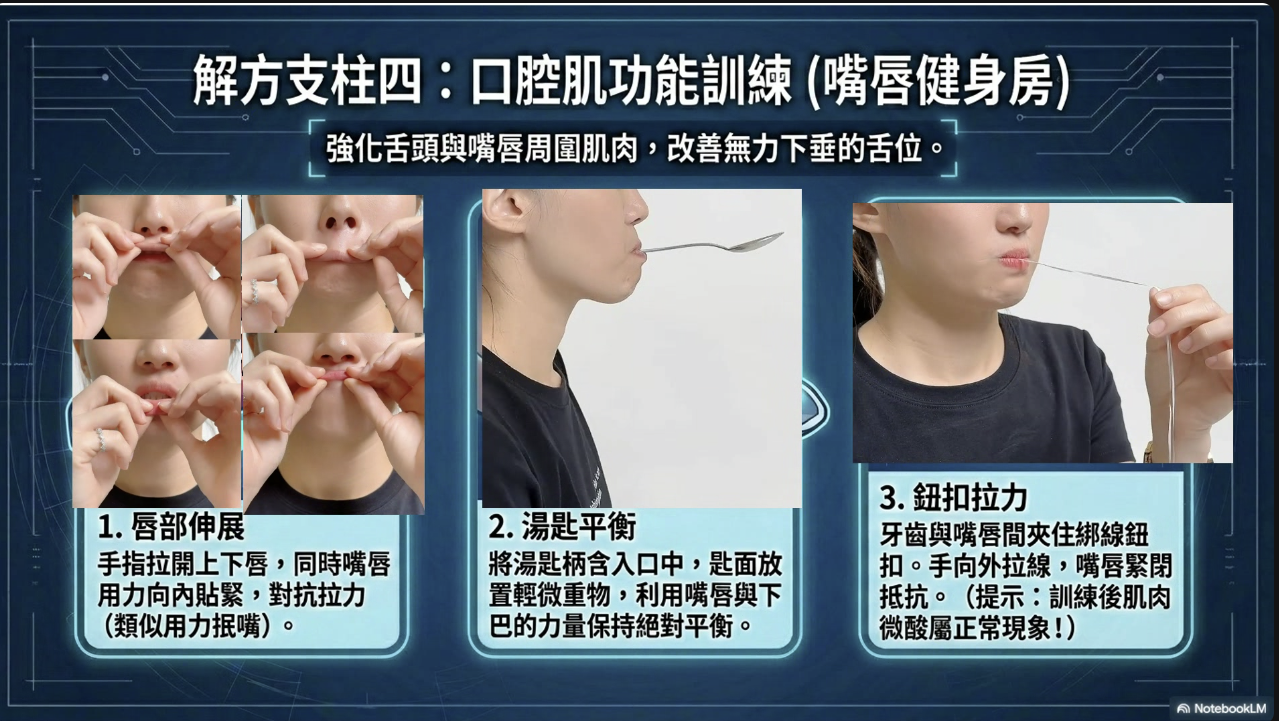 口腔肌功能訓練(嘴唇與舌頭肌力訓練)的三個動作示範照片。動作一「唇部伸展」:以手指輕輕拉開上下唇,同時嘴唇用力向內貼緊、對抗拉力,類似用力抿嘴;動作二「湯匙平衡」:將湯匙柄含入口中、匙面放置輕微重物,靠嘴唇與下巴的力量保持平衡;動作三「鈕扣拉力」:在牙齒與嘴唇之間夾住綁了線的鈕扣,手向外拉線、嘴唇緊閉抵抗,並提示訓練後肌肉微痠屬正常現象。整體目的為強化舌頭與嘴唇周圍肌肉、改善無力下垂的舌位