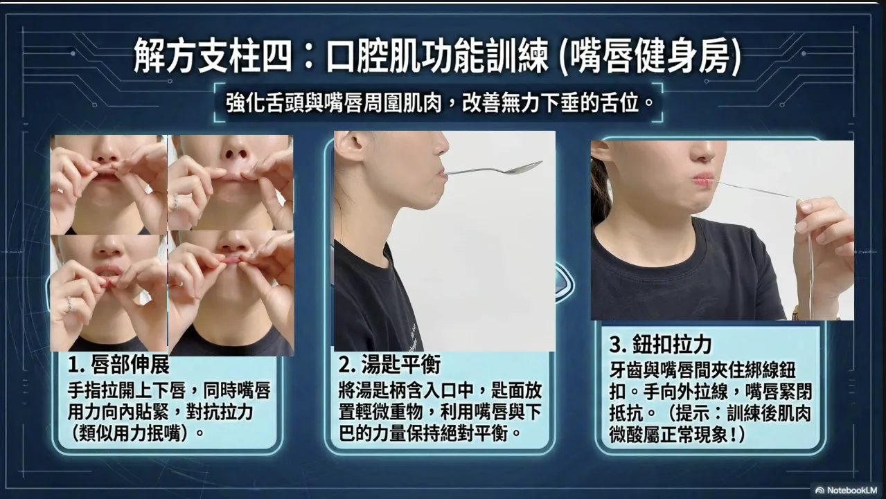 口腔肌功能訓練（嘴唇與舌頭肌力訓練）的三個動作示範照片。動作一「唇部伸展」：以手指輕輕拉開上下唇，同時嘴唇用力向內貼緊、對抗拉力，類似用力抿嘴；動作二「湯匙平衡」：將湯匙柄含入口中、匙面放置輕微重物，靠嘴唇與下巴的力量保持平衡；動作三「鈕扣拉力」：在牙齒與嘴唇之間夾住綁了線的鈕扣，手向外拉線、嘴唇緊閉抵抗，並提示訓練後肌肉微痠屬正常現象。整體目的為強化舌頭與嘴唇周圍肌肉、改善無力下垂的舌位