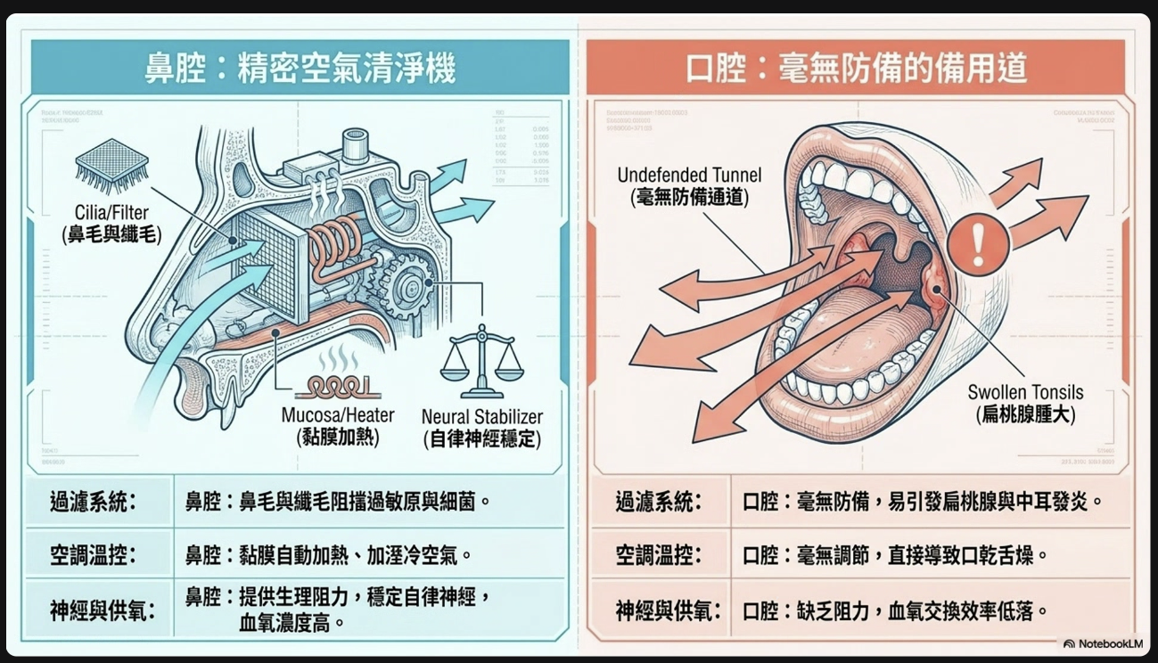 左右對比圖:左側「鼻腔=精密空氣清淨機」標示鼻毛與纖毛過濾、黏膜加溫加濕、提供生理阻力穩定自律神經;右側「口腔=毫無防備的備用道」空氣未經處理直接進入、扁桃腺易腫大,並以過濾系統、空調溫控、神經與供氧三個維度對比兩者差異