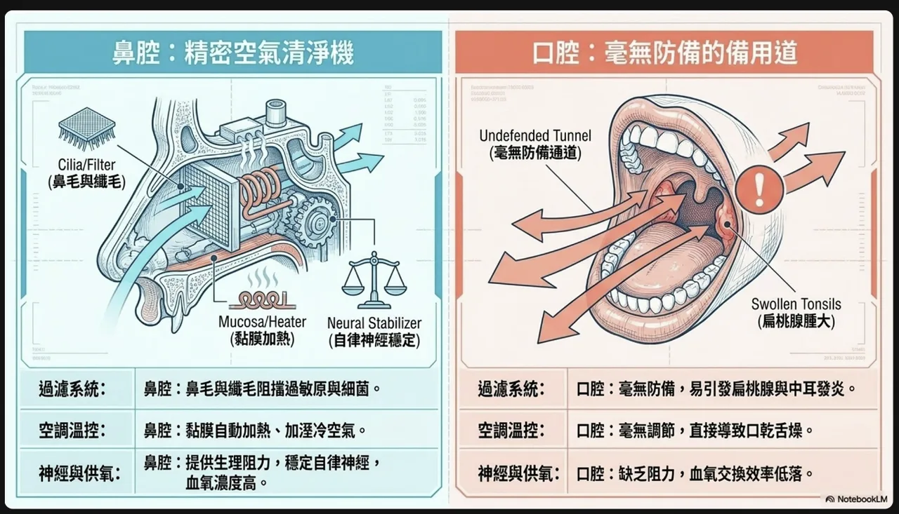 左右對比圖：左側「鼻腔＝精密空氣清淨機」標示鼻毛與纖毛過濾、黏膜加溫加濕、提供生理阻力穩定自律神經；右側「口腔＝毫無防備的備用道」空氣未經處理直接進入、扁桃腺易腫大，並以過濾系統、空調溫控、神經與供氧三個維度對比兩者差異